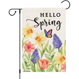 zeevly Hello Spring Garden Flag 12x18 Inch Double Sided Daffodils Floral Butterfly Small Burlap Yard Flag for Outside
