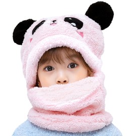 MK MATT KEELY 2 in 1 Kids Hat Hooded Scarf Set Boys Girls Cartoon Panda Winter Plush Hoodie Earflap Beanie for Baby Toddlers,Pink,5-8 Years