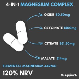 Supplmnt. Magnesium Glycinate 4-in-1 Complex - 2026mg Supplements as Bisglycinate, Citrate, Malate & Oxide 270 Vegan Capsules, Triple High Absorption 449mg Elemental, UK Made