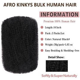 Xtrend Afro Kinkys Bulk Human Hair 14 Inch 3 Packs 90g For Mini Braiding Twists，Dreadlocks Extensions，Repair Locs，Kinky Curly Hair Bundles, Kinky Human Hair For Natural Black Afro Kinky Bulk(30g/pack)