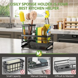 Cisily Sink Caddy Sponge Holder for Kitchen with Brush Holder and Stainless Steel Self Drain Tray, Rustproof Kitchen Sink Organizer for Sponge, Soap Dispenser Storage Accessories
