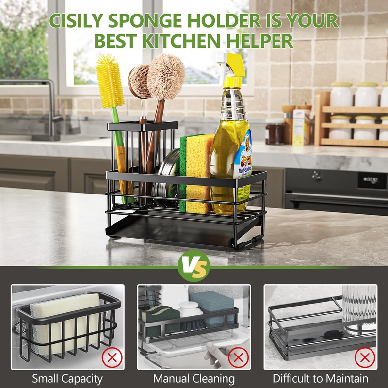 Cisily Sink Caddy Sponge Holder for Kitchen with Brush Holder