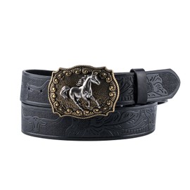 GENEMEN Western Cowboy Buckle Belt for Men Women Cowgirl Floral Engraved Embossed Leather Belt with Bull/Horse Buckle (Horse Black 110)