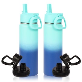 Volhoply 20oz Insulated Stainless Steel Water Bottle With Straw Lid Bulk 2 Pack,Kids Double Wall Vacuum Thermos With Handle,Reusable Outdoor Sports Metal Bottles,Travel Flask Keep Cold(Green Blue,2)