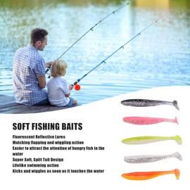 Señuelos de pesca para lubina, 100 piezas, portátiles, ojos de pez 3D, realistas, atractivos, de goma, señuelos de pesca suaves, cola de pez dividida, reflejo fluorescente, señuelos suaves para peces