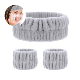3 Pcs Spa Headband Wrist Washband Set, Absorbent Makeup Headbands Face Wash Wristband, Elastic Skincare Headband Wristbands for Washing Face (Gray)