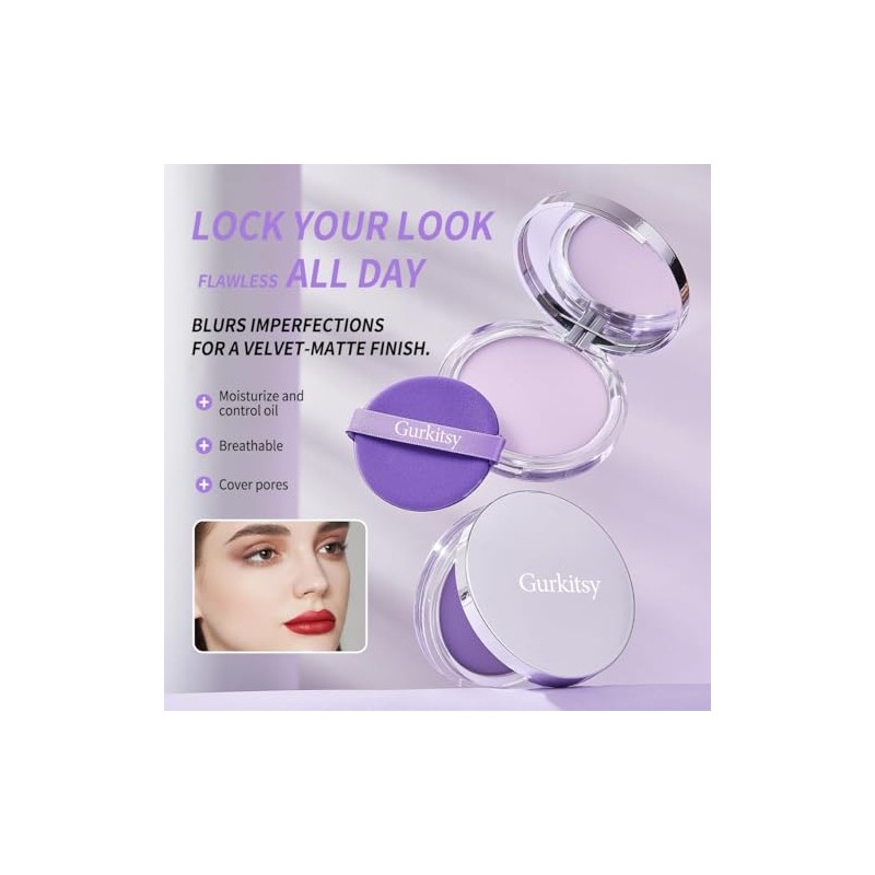 Polvo Compacto, 0.3 oz (8.5 g) Polvo Morado Mate, Crema Fijadora, Control