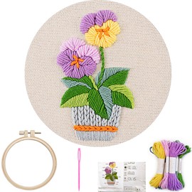 FONNUY Embroidery Kit for Beginners，3D Plants Flowers Pre-Stamped Pattern Kits Brightly Colored for Adults with Hoop (Purple Orchid)