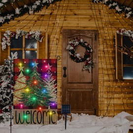 Lighted Christmas Garden Flag 12x18 Double Sided, 8 Modes Solar Led Welcome Yard Flags Christmas Tree for Holiday Xmas Outside Outdoor Home Porch Decoration