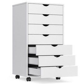 OLIXIS 7 Drawer Mobile File Cabinet Under Desk Storage Organization with Wheels Vertical Filing Chest Rolling Wood Small Desk Printer Stand for Home Office, 15.75"D x 18.74"W x 34.25"H, White
