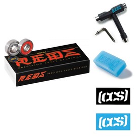 Bones Reds Skateboard Bearings 16 Pack with CCS Skateboard Tool, Wax, and Stickers