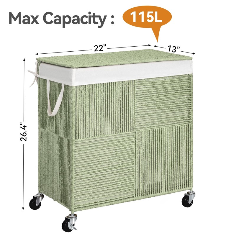 WOWLIVE Double Laundry Hamper with Lid, Handwoven Rolling Laundry Basket