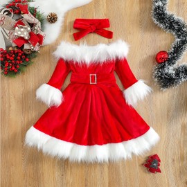 Toddler Baby Girl Velvet Christmas Dress 3Pcs Set Long Sleeve Off Shoulder Princess A-line Skirt with Belt Headband (A-Red, 3-4 Years)