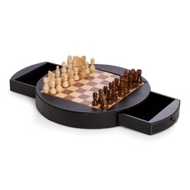 Designer Chess Set for Adults and Kids - Luxurious and Modern and Wood and Leather Combination Round Chess Set, 12" Diameter with Drawer Storage, Weighted Pieces, and Felt Bottom. Queen Measures 2".