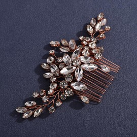 Lenjicons Bridal Crystal Hair Comb Vintage Flower Rhinestone Wedding Hair Comb Wedding Hair Accessories Luxuries Rhinestone Bridal Hairpiece for Wedding Women (rose gold)