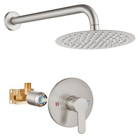 Airuida Shower Faucet Set Complete with Showerhead, Single Function Shower Valve and Trim Kit, 8 Inch Round Rain Shower Head, Male Threads Rough-in Valve Brushed Nickel