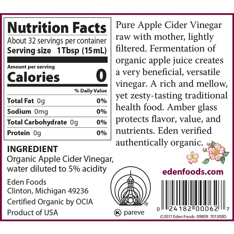 Eden Organic Apple Cider Vinegar, Raw, Unpasteurized with Mother, 16oz