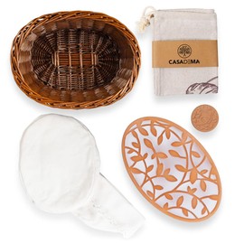 CASADEMA Bread Warmer Basket with Warming Stone (Large Oval 12 x 9) - Bundled w/Linen Bread Bag & Bread/Sugar Saver - Bread Baskets for Serving with liner and lid - Bread Serving Basket for Table