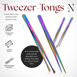 Namre' Tong Tweezer Tongs for Cooking - Plating Tweezers - 2 Pack Stainless Steel Cooking Tongs - Thin Chopstick Tongs - Precise & Strong Chef Tweezers for Food & Small Objects - 12 Inch - Rainbow