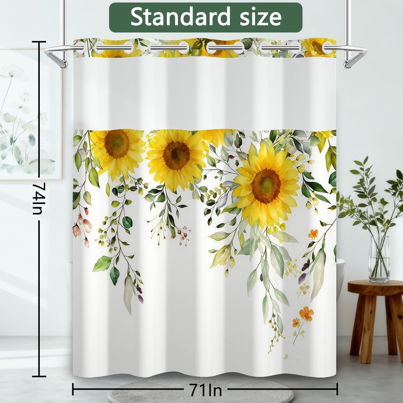 NAEMBCU No Hook Sunflower Shower Curtain with Snap in Liner