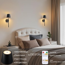 Hillsboro Battery Operated Wall Sconce Set of 2, Cordless 5000mAh Black Rechargeable LED Wall Lights, Remote Control 3 Colors Dimmable Wall lamp for Bedroom Living Room Hallway