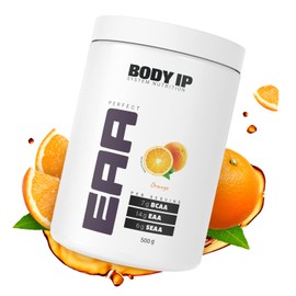 BODY IP Perfect EAA Pulver | Orange | essentielle Aminosäuren für Muskelaufbau | enthält alle EAAs, SEAA & BCAAs | vegan & laktosefrei | 500g – 20 Portionen | Made in Germany