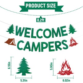 Welcome Campers Banner - Camping Theme Birthday Bachelorette Party Decor, Family Camp Day Party Decor, Forest Adventure Baby Shower Decorations Green Glitter
