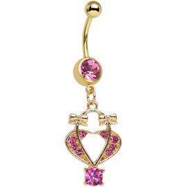 Pink Bow Tied Basket Heart Dangle Belly Ring