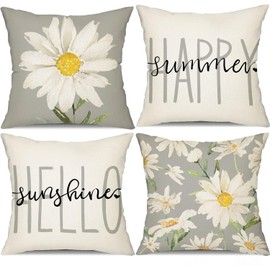 BAOKU Cushion Covers 45x45 cm Pillow Covers Spring Decorative Home Decor for Bed Couch Sofa Bedroom Office Pack of 4 Grey White flowers Pattern Linen Pillowcase