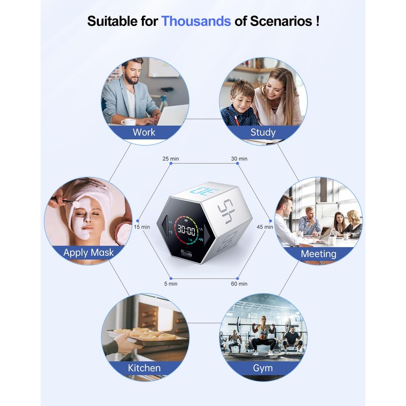 Ticktime Pomodoro Timer, Productivity Timer Cube, Hexagon Magnetic Flip Focus