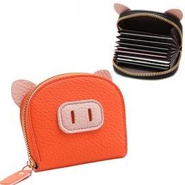 SFTRADE Credit Card Case, Card Case, With Coin Purse, Cute Pigs, Cats, Thin, Slim, Lightweight, Large Capacity, Holds 11 Pu Characters, Women's, Men's, Skimming, Magnetic Protection, Orange color