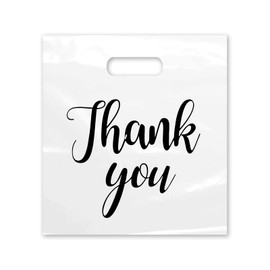 Slomg 100 Pcs Thank You Plastic Bags for Small Business, 9 x 11 in White Retail Merchandise Shopping Bags with Handles, Extra Thick Reusable Gift Packaging Bag for Boutique Store Clothes Jewelry Snack