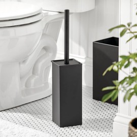 mDesign Steel Square Modern Toilet Bowl Brush and Holder for Bathroom Storage and Organization, Compact Free-Standing Design, Covered Brush - Sturdy, Deep Cleaning - Citi Collection - Matte Black