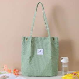 FITDON Women's Corduroy Shoulder Bag, Large Shoulder Bag, Canvas Bag, Tote Handbag for Everyday, Office, School Trip and Shopping, light green