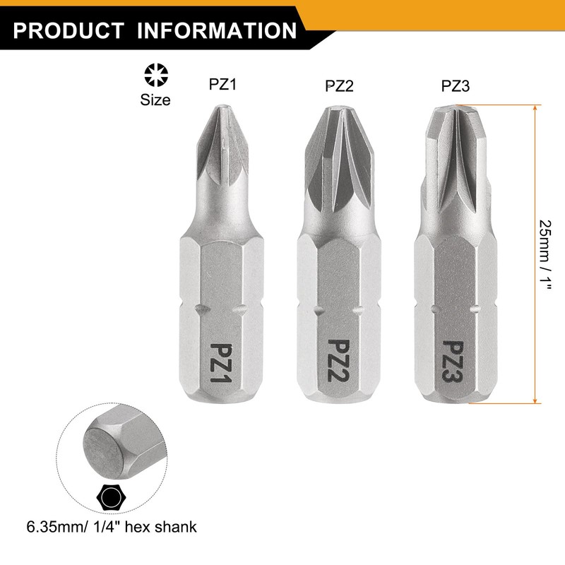 sourcing map 3pcs PZ1/PZ2/PZ3 Screwdriver Bit 1/4" Hex Shank 25mm/1"