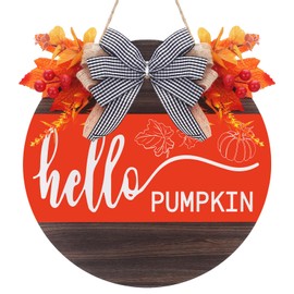 Hello Fall Sign Hanger Wreaths for Front Door Thanksgiving Hanging Decor,Fall Wreath with Bow Berries Round Wood Harvest Autumn Porch Sign for Farmhouse Porch Wall Home Decoration (01)