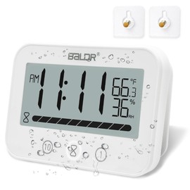 Waterproof Bathroom Wall Hanging Clock and Timer, Large Digital Shower Mirror Suction Clock Thermometer Hygrometer, Visual Kitchen Cooking Countdown Timer, Bath Temperature Humidity Meter (White)
