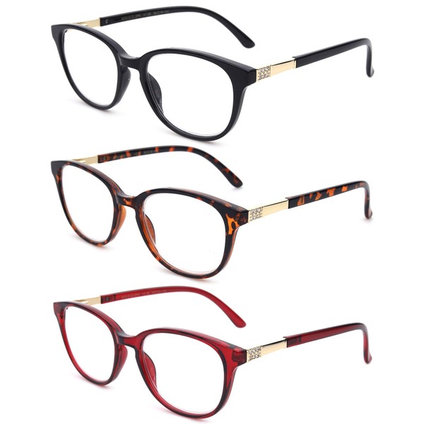 Newbee Fashion 3 Pairs Vintage Reading Glasses Spring Hinge w/Rhinestone +2.00