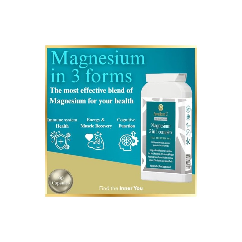 Magnesium Glycinate 5 in1 Complex, High Strength 90 Vegan Caps,