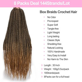 Unionbeauty 8 Packs Ombre Knotless Box Braids Crochet Hair 30 Inch Medium Box Braid Hair For Black Woman Pre-Looped Crotchet Box Braids Heat Resistant Fiber Hair Soft Braids 18Strands/Pack T27#