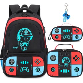 Bevalsa Backpack for School Boys, Cool Luminous Gamer Boys Backpack with Lunch Box & Pencil Pouch Set for Kids Children Teens Elementary Middle School, School Bag Bookbag Glow In The Dark (Red Blue)