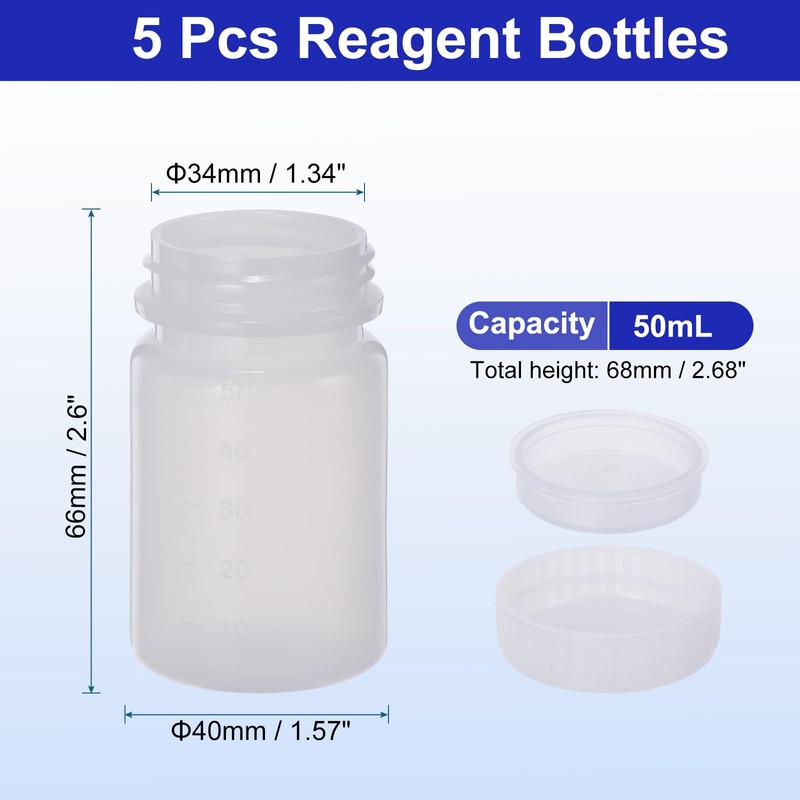 PATIKIL 5 Pcs 50ml Reagent Bottles, PE Wide Mouth Round