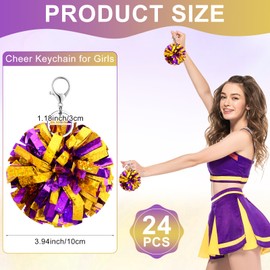 24 Pcs Cheer Pom Pom Keychain Cheering Keyring Charm Purple and Gold Foil Keychain Bulk Plastic Pom Poms for Cheerleading Keyring with Hook for Girl Women Cheer Bag Jewelry Accessory Cheer Camp Gifts