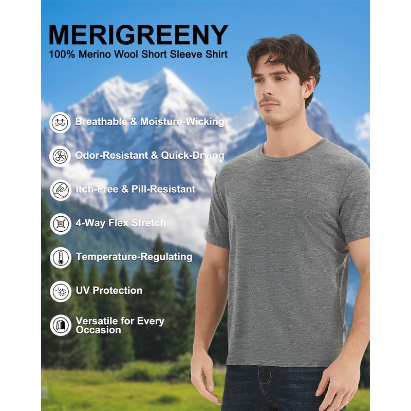 MERIGREENY Men's 100% Merino Wool T-Shirt, Crew Neck Lightweight Undershirt