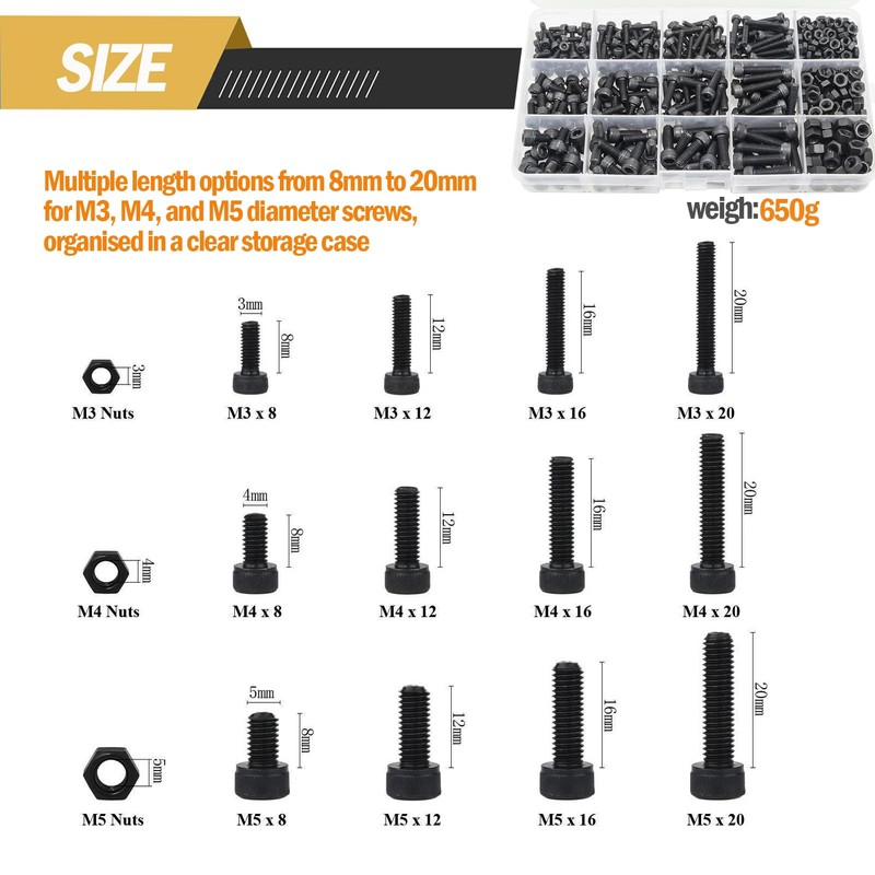 500 Pieces, M3 M4 M5 Hex Socket Head Cap Screw