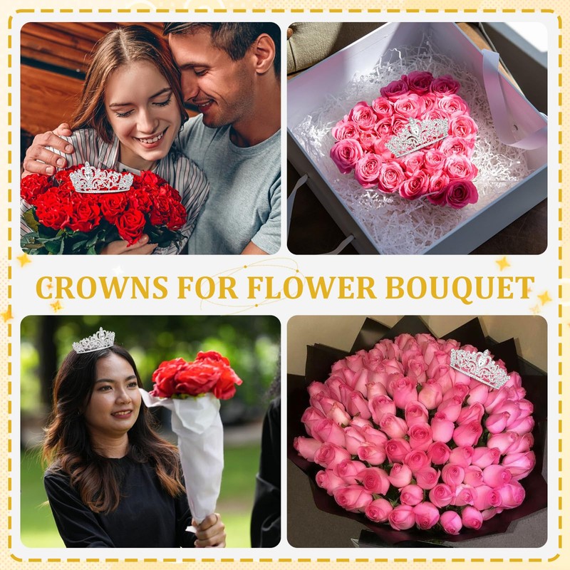 YARIEW Small Silver Crown and Happy Birthday Cake Topper Flower