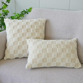 SKXKJian Pack of 2 Faux Fur Plush Decorative Throw Pillow Covers 18x18 Square Checkered Soft Faux Fur Pillow Covers for Couch Christmas Ivory x2