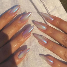 Almond False Nails - 24PCS Pearl Fake Nails - Natural Look Medium Length Stick on Nails - Aurora Style Glossy Full Press on Nails - Removable DIY Nail Art Gifts for Women Girls