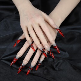 ArtiPrint Press on Nails Bold Vintage Glamour Style Semi-Transparent Nude Base with Red & Black Accent Design Reusable Stick-On Nails, Easy to Apply (K011, L)