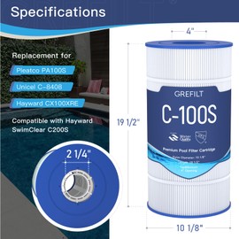 Grefilt C100S Pool Filter Cartridge, Compatible with Hayward SwimClear C100S, CX100XRE, Replaces Ultral-D3, 100 sq.ft